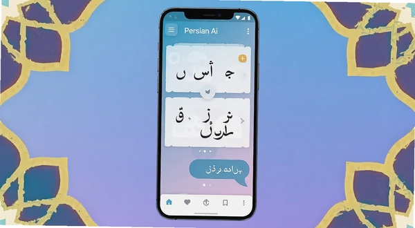 一款名为Persian Ai的安卓应用界面展示图,画面中央为手机屏幕,屏幕内显示波斯语字母学习卡片与智能对话气泡,背景为柔和的蓝紫色渐变,周围点缀波斯风格几何花纹,整体风格现代简洁,适配Boogu模型生成