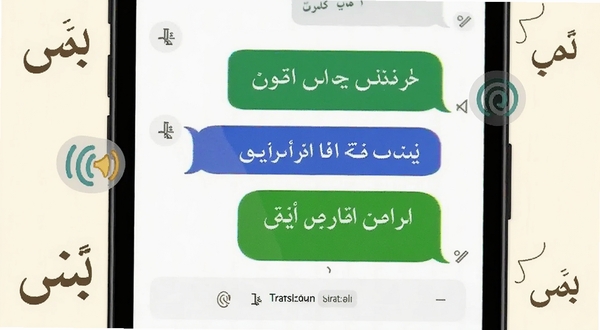 Persian Ai软件内的智能对话界面截图风格图,画面中心为手机屏幕显示波斯语对话气泡与翻译结果,屏幕旁有发音波纹图标,背景为温暖的米白色,点缀简洁的波斯文字元素,整体清新明快
