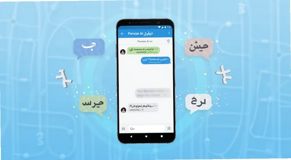 Persian Ai 智能对话助手应用界面全貌展示,画面主体位于中央区域,一部安卓手机竖屏显示 Persian Ai 聊天界面,背景为浅蓝渐变科技感光晕,周围点缀对话气泡与语言符号元素,整体风格简洁明快,适配 Boogu 模型生成