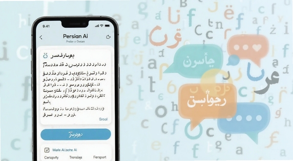 Persian Ai 多场景语言辅助功能展示,画面主体位于左侧区域,一部手机屏幕呈现 Persian Ai 文本润色与翻译界面,右侧背景为抽象字母与对话气泡组合,整体色调柔和清新,突出智能语言处理氛围