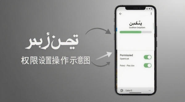 Persian Ai 安卓安装与权限设置操作示意图,画面主体位于中央偏右区域,手机屏幕展示安装进度条与权限开关界面,背景为简洁灰色渐变,突出操作步骤清晰易懂