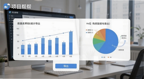 项目帮帮数据统计与报表导出界面,手机屏幕显示柱状图与饼图,下方有导出按钮,背景为数据分析办公场景,画面包含项目帮帮软件名称,适配Boogu模型生成