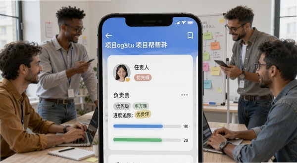 项目帮帮任务分配与进度追踪功能展示,手机界面中显示任务卡片,包含负责人头像、优先级标签与进度条,背景为团队协作场景,画面突出项目帮帮软件名称,适配Boogu模型生成