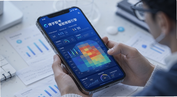 博学智考 智能推题引擎 数据仪表盘 错题分布热力图 手机界面 科技感 蓝色渐变背景 学习数据可视化 精致细节