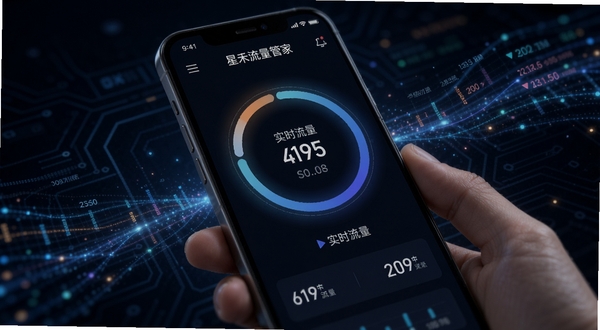 星禾流量管家实时流量监控功能界面,手机屏幕显示环形进度条和流量数字,背景为深色科技风格,画面中有动态数据流动的视觉效果,突出实时监控的科技感