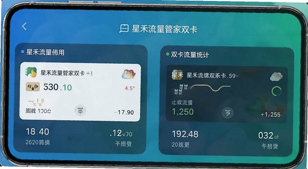 星禾流量管家双卡流量统计功能界面,手机屏幕显示两张SIM卡的流量使用情况对比,画面中有两个独立的流量数据面板,背景为蓝绿渐变色调
