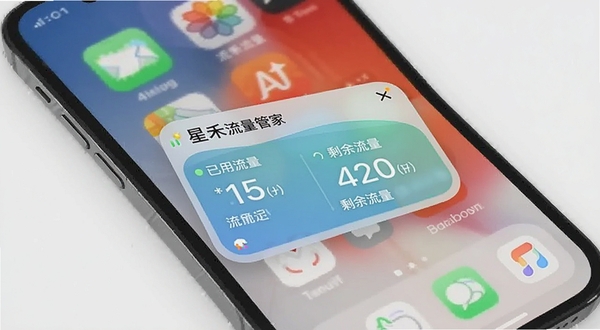 星禾流量管家桌面小组件展示,手机桌面放置流量监控小部件,显示已用流量和剩余流量数字,背景为简洁的手机桌面壁纸
