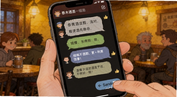 泰拉酒馆用户正在手机上进行实时互动交流的场景,画面展示手机屏幕特写,屏幕内是泰拉酒馆的评论区界面,有文字气泡和点赞图标,手指正在点击发送按钮,背景是温馨的室内环境,暖黄色灯光,整体氛围轻松友好,适配Boogu模型生成