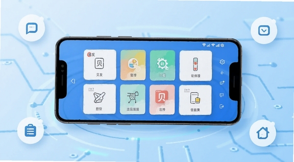 贝发智品 安卓手机主界面展示,画面中央是软件功能卡片整齐排列,背景为浅蓝色渐变科技感区域,手机屏幕占比画面主体,周围点缀简约图标元素,整体风格清爽明亮