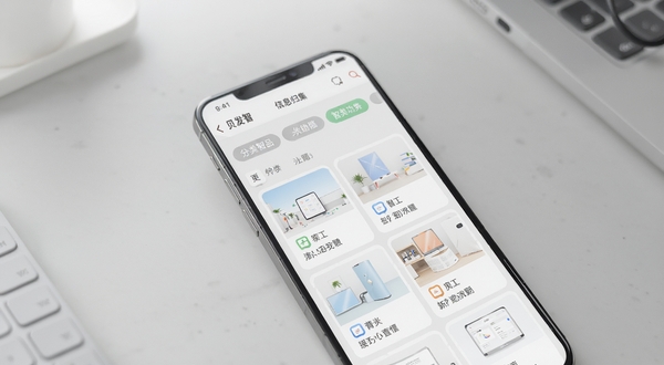 贝发智品 信息归集功能界面,画面主体为手机屏幕显示分类标签和卡片列表,背景为淡灰色办公桌面环境,柔和光线从左侧照射,突出界面整洁有序的特点