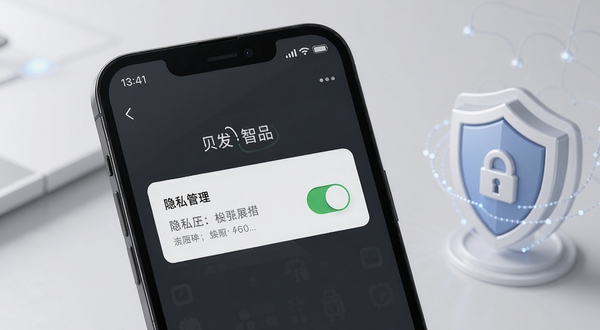 贝发智品 隐私保护功能展示,画面主体为手机屏幕显示权限管理开关界面,背景为柔和的灰白色调,画面右侧有盾牌图标点缀,整体传达安全可靠的视觉氛围