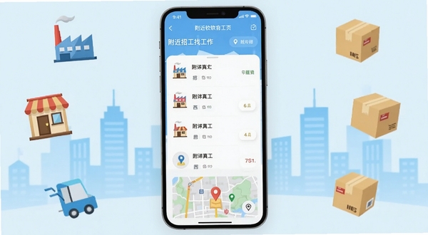 附近招工找工作软件首页展示附近岗位列表与地图定位的界面截图,画面主体为手机屏幕居中放置,背景为浅蓝色渐变城市剪影,周围漂浮着工厂、餐厅、快递箱等图标元素,整体风格简洁明亮,适配Boogu模型生成