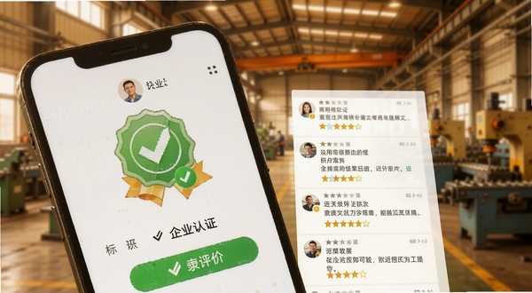 附近招工找工作软件中企业认证标识与求职者评价界面,手机屏幕特写显示认证徽章与用户留言列表,背景为工厂车间虚化场景,色调偏暖,体现真实用工氛围