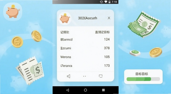 储蓄罐应用主界面全貌展示,画面中央是一个简洁的记账面板,左上角有储蓄罐图标,背景为浅蓝色渐变,四周环绕硬币、账单、储蓄目标进度条等元素,整体风格清新明快,适配安卓手机屏幕比例
