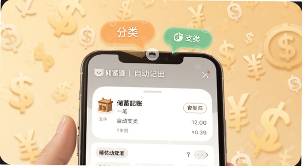 储蓄罐智能记账界面,手机屏幕显示一笔餐饮支出正在被自动归类,屏幕上方弹出分类标签动画,背景有淡淡的货币符号飘落,整体色调温暖,突出软件名称储蓄罐