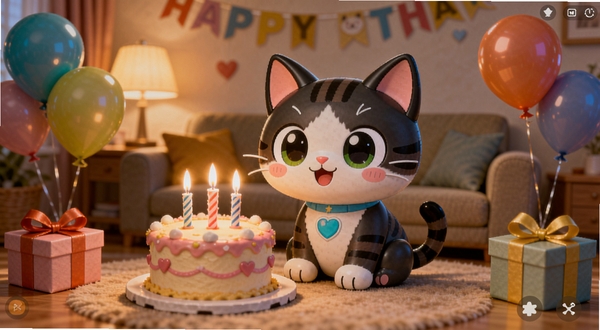 儿童电子猫孩童生日安装器软件主界面展示,一只可爱的卡通电子猫坐在生日蛋糕旁,背景是温馨的客厅场景,暖色调灯光,画面中心为电子猫和蛋糕,四周点缀彩色气球和礼物盒,适配Boogu模型生成