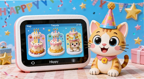 儿童电子猫生日安装器生日场景自定义界面,展示多款卡通生日蛋糕和装饰选项,电子猫穿着派对帽,背景有彩带和星星,画面明亮活泼,适合儿童审美