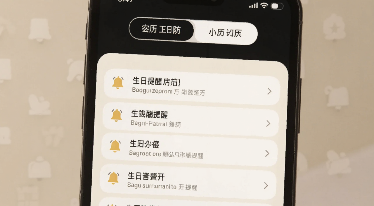日历生日纪念提醒双历设置界面,手机屏幕上方显示公历与农历切换按钮,下方列出多个生日提醒条目,每条带有铃铛图标,背景为柔和的米白色,整体布局清晰,适配Boogu模型生成