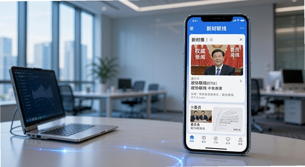 政协联线 新闻推送 手机 通知 界面 权威 资讯 政协联线 应用 实时 新闻 卡片 委员 阅读 场景 现代 办公 环境 高清 细节 蓝色 光效