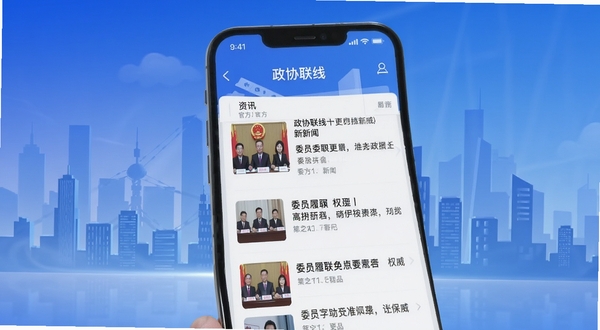 政协联线 资讯 移动应用 官方 权威 新闻 界面 手机 屏幕 展示 政协联线 应用 首页 新闻 列表 委员 履职 功能 模块 现代 简约 风格 蓝色 主色调 背景 城市 建筑 剪影 高清 渲染