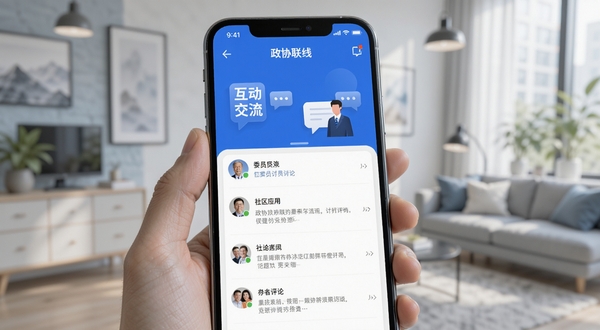 政协联线 互动 交流 社区 界面 政协联线 应用 委员 讨论 话题 评论 手机 屏幕 社交 场景 现代 简约 设计 蓝色 主色 高清 渲染