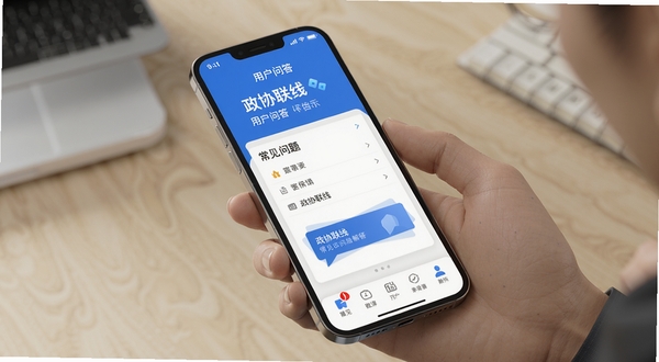 政协联线 用户 问答 界面 政协联线 应用 常见 问题 解答 手机 屏幕 现代 简约 蓝色 风格 高清 渲染