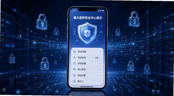 浦大喜奔安全中心功能展示,手机屏幕呈现盾牌图标与安全设置列表,背景为深蓝色科技感空间,有数据流与锁形符号环绕,突出账户安全与隐私保护主题,适配Boogu模型生成