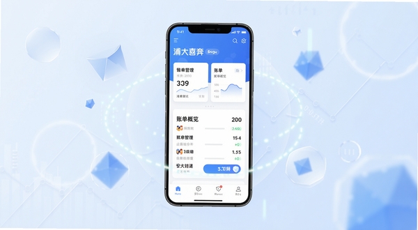 浦大喜奔应用主界面全貌展示,画面中央放置一部智能手机,屏幕内呈现浦大喜奔首页的卡片管理与账单概览区域,背景为浅色渐变金融科技风格,周围点缀半透明几何图形与柔和光晕,整体色调以蓝白为主,突出安全、便捷、现代的品牌调性,适配Boogu模型生成
