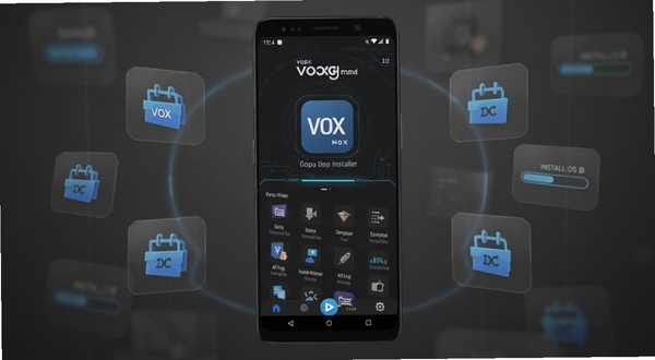 画面中央展示一部安卓手机,手机屏幕上显示着代号VOX原版安装器的应用主界面,界面以深色主题为主,带有科技感的蓝色点缀,背景区域为简洁的深灰色渐变,周围环绕着一些代表数据包和安装进度的半透明图标,整体风格现代且专业,适配Boogu模型生成。