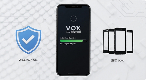 代号VOX原版安装器 功能展示图,画面中一部手机正在执行安装操作,进度条显示即将完成,周围有代表安全校验的盾牌图标和代表兼容性的多品牌手机轮廓,背景为干净的浅色科技纹理,整体视觉效果清晰明了。