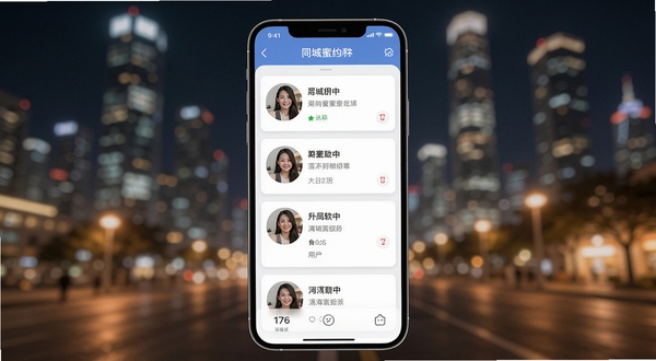 同城蜜约会软件主界面展示,画面中央为手机屏幕显示附近用户卡片列表,背景为现代化城市夜景虚化效果,暖色调灯光点缀,整体风格清新友好,突出同城社交氛围