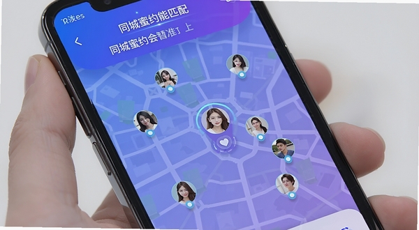 同城蜜约会智能匹配界面,手机屏幕显示地图上分布的用户头像标记,附近的人以光点形式呈现,画面色调为蓝紫渐变科技感,突出同城蜜约会精准定位功能