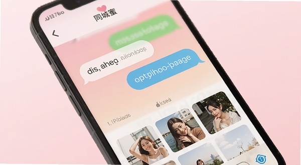 同城蜜约会聊天界面特写,手机屏幕展示语音消息气泡和图片缩略图,界面简洁明亮,背景为柔和粉色渐变,体现同城蜜约会轻松交友氛围