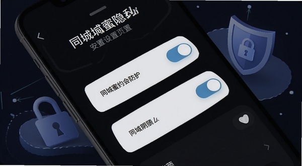 同城蜜约会隐私设置页面,手机屏幕显示多个权限开关按钮,界面采用深色模式,背景有锁形图标和盾牌元素,突出同城蜜约会安全防护功能