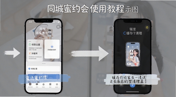同城蜜约会使用教程示意图,手机屏幕展示权限设置和缓存清理步骤,画面简洁清晰,带有箭头指引和文字标注,突出同城蜜约会操作指南