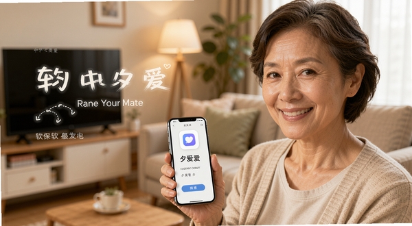中年夕爱 软件主界面展示 中年用户手持手机微笑查看 背景为温馨家居客厅 暖色调 明亮柔和 突出应用图标与简洁大字体界面
