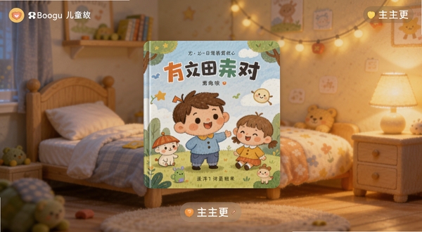 儿童故事有声绘本 主界面中央展示卡通绘本封面 背景区域为温馨的儿童卧室场景 暖色调灯光 画面风格为柔和手绘插画 适配Boogu模型生成