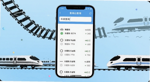 铁路火车高铁查询软件主界面展示,画面中央为手机屏幕,屏幕内显示列车车次列表与查询输入框,背景为浅蓝色渐变,周围点缀铁轨与高铁列车简笔元素,整体风格简洁明快,适配Boogu模型生成