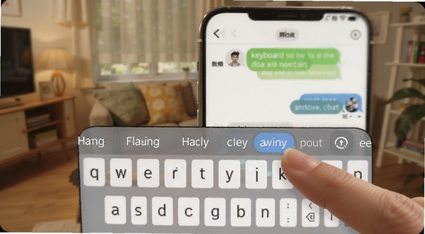 keyboard聊天键盘智能联想功能演示图,画面主体为手机聊天界面,键盘上方候选栏显示多个联想词汇,手指正准备点击其中一个词,背景为温馨的居家聊天场景虚化处理,整体氛围轻松自然