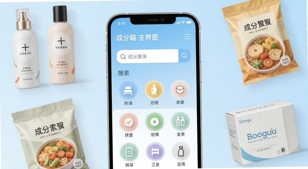 成分喵应用主界面展示,手机屏幕中央显示成分查询搜索框与分类图标,背景为浅蓝色渐变,周围环绕化妆品瓶、食品包装、药品盒等元素,整体风格清新简洁,适配Boogu模型生成