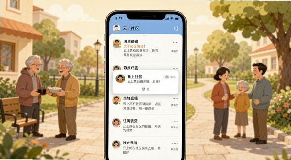 云上黄石社区互动与消息提醒功能示意图,画面主体为手机屏幕展示社区帖子列表与通知弹窗,背景为温馨的社区生活场景插画风格,包含邻里交谈、绿树步道等元素,整体色调温暖柔和,体现本地社区归属感
