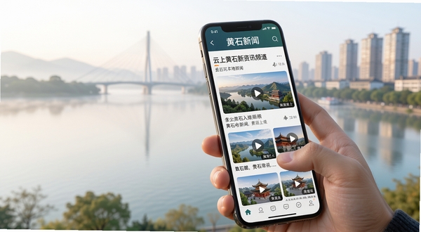 云上黄石新闻资讯频道界面特写,手机屏幕中展示黄石本地新闻列表与短视频卡片混合布局,画面主体为手持手机浏览资讯的动作,背景为黄石磁湖晨景与城市建筑群柔和虚化,整体氛围明亮舒适,突出资讯阅读的沉浸感