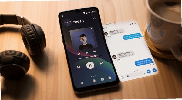 Android手机屏幕显示mess应用界面,音乐播放器与聊天窗口同屏展示,背景是深色渐变风格,手机放置在木质桌面上,旁边有耳机和咖啡杯,柔和暖光照明,画面简洁现代,突出mess软件名称