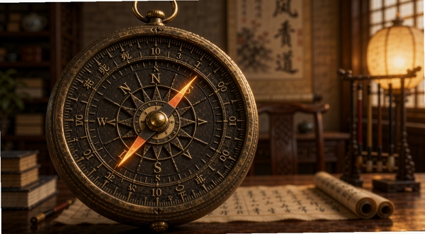 风水罗盘免费版应用主界面在手机屏幕上展示,古铜色罗盘刻度清晰,中心天池指针微微发光,背景是虚化的中式书房环境,暖色调灯光从侧面照射,画面呈现传统文化与现代科技融合的氛围,高清细节,4K质感