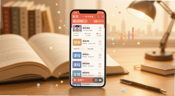 新东方APP核心界面全景展示,画面中央为手机屏幕呈现课程列表与直播入口,背景区域为柔和的书本与学习场景虚化处理,整体色调温暖明亮,突出教育科技感