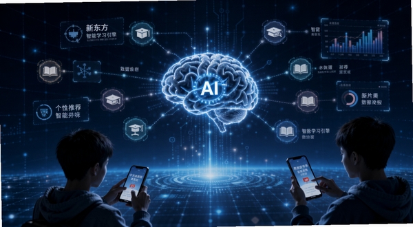 新东方智能学习引擎概念图,画面中心为发光的AI大脑连接各类课程图标,背景为深蓝色科技网格,前景有学生使用手机学习的剪影,体现个性化推荐与数据分析