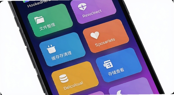 HookedHere 快捷操作面板功能展示,手机屏幕中呈现多个彩色功能卡片排列,包括文件整理、缓存清理、存储查看图标,背景为深蓝至紫色渐变,界面元素带有轻微悬浮阴影,科技感与实用性结合,适配 Boogu 模型生成