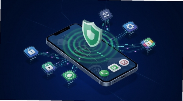 BiSafety 实时防护监控功能示意图,画面主体为手机屏幕悬浮在深蓝色背景中,屏幕上方显示绿色盾牌与雷达波纹扩散效果,周围有数据流线条连接多个应用图标,体现实时监控与拦截概念,风格偏科技感,适配 Boogu 模型生成