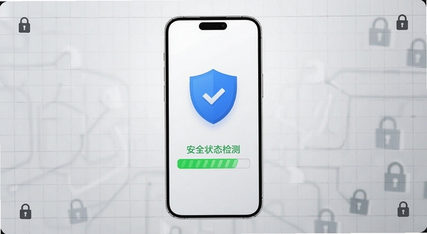 BiSafety 安全防护应用主界面展示,画面中央为手机屏幕正视图,屏幕内呈现蓝色盾牌图标与绿色安全状态检测进度条,背景为浅灰色科技感渐变,四周环绕细线网格与锁形图标,整体风格简洁清爽,适配 Boogu 模型生成