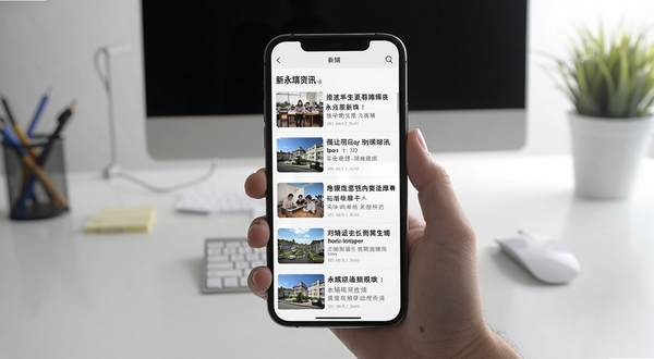 新永靖资讯列表页面展示,手机屏幕中显示多条永靖本地新闻标题与缩略图,背景为办公室桌面环境,风格简洁现代